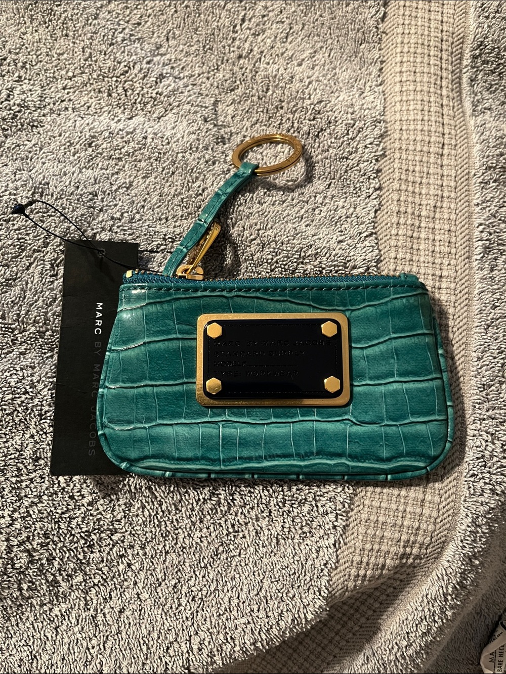 NWT Marc by Marc Jacobs Teal Croc-Embossed Zip Coin Pouch with Black Brass Plate